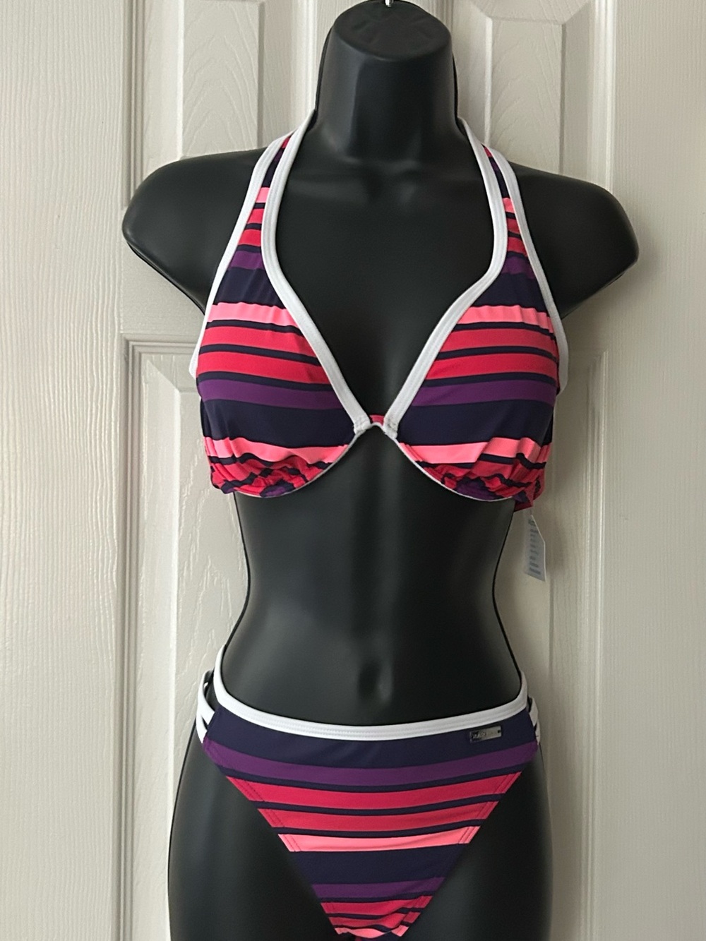Venus Lascana Striped Pink & Purple Halter Bikini,NWT Size D top, Size 10 bottom